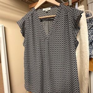 Chaus Navy and White Flutter Sleeve Blouse